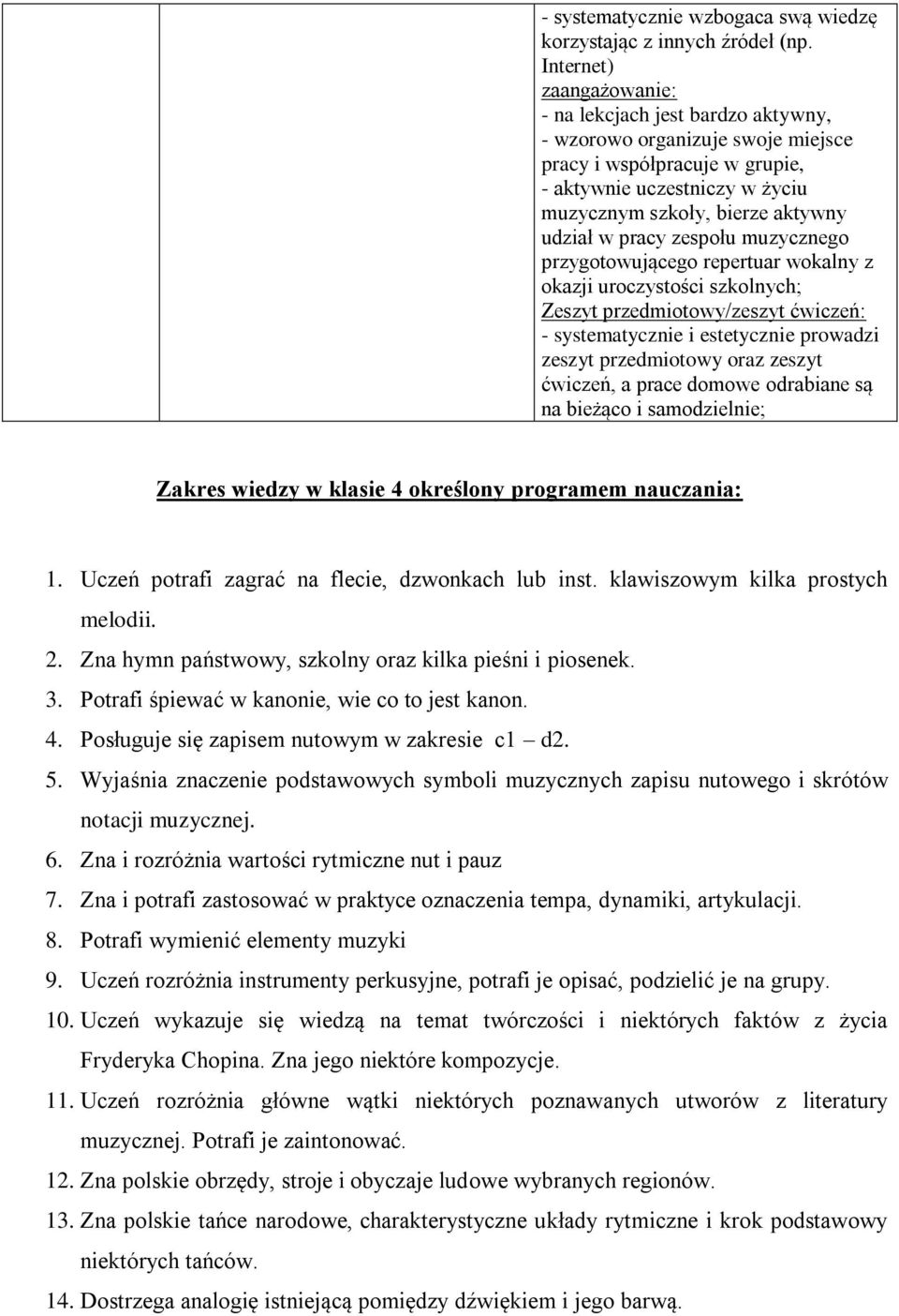 muzycznego przygotowującego repertuar wokalny z okazji uroczystości szkolnych; Zeszyt przedmiotowy/zeszyt ćwiczeń: - systematycznie i estetycznie prowadzi zeszyt przedmiotowy oraz zeszyt ćwiczeń, a