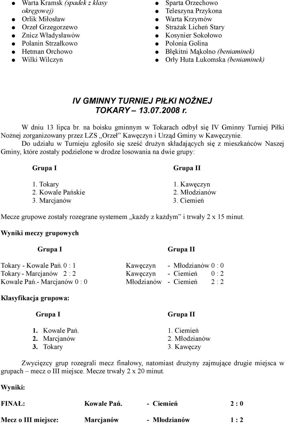 na boisku gminnym w Tokarach odbył się IV Gminny Turniej Piłki Nożnej zorganizowany przez LZS Orzeł Kawęczyn i Urząd Gminy w Kawęczynie.