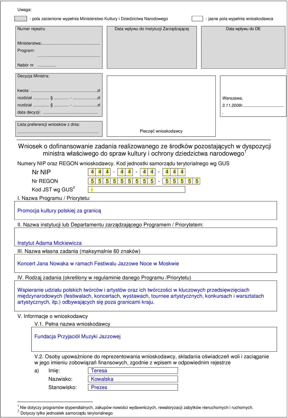 .. Pieczęć wnioskodawcy Wniosek o dofinansowanie zadania realizowanego ze środków pozostających w dyspozycji ministra właściwego do spraw kultury i ochrony dziedzictwa narodowego Numery NIP oraz