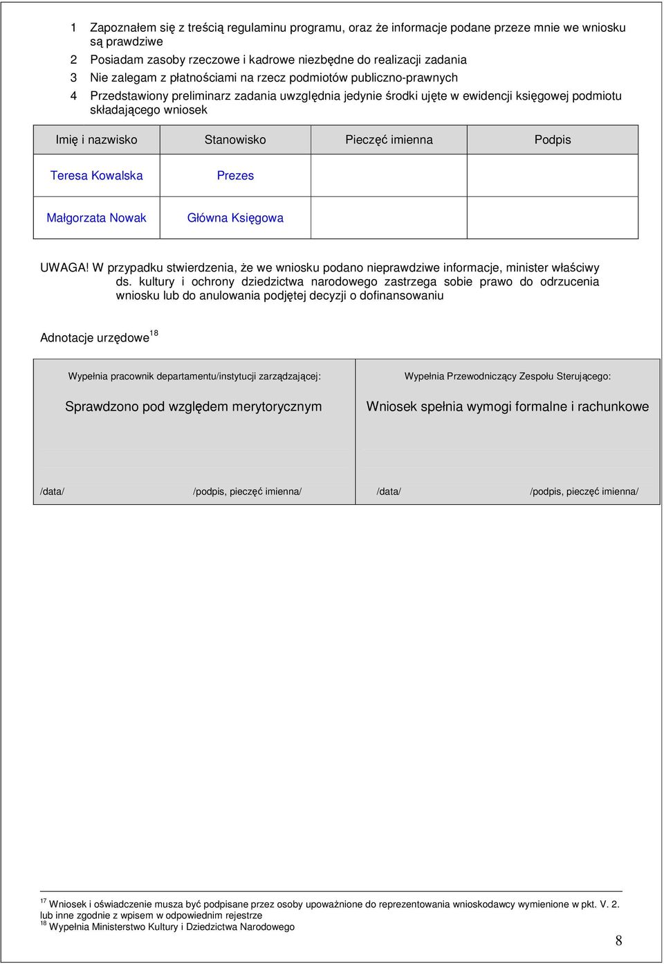 Pieczęć imienna Podpis Teresa Kowalska Prezes Małgorzata Nowak Główna Księgowa UWAGA! W przypadku stwierdzenia, że we wniosku podano nieprawdziwe informacje, minister właściwy ds.