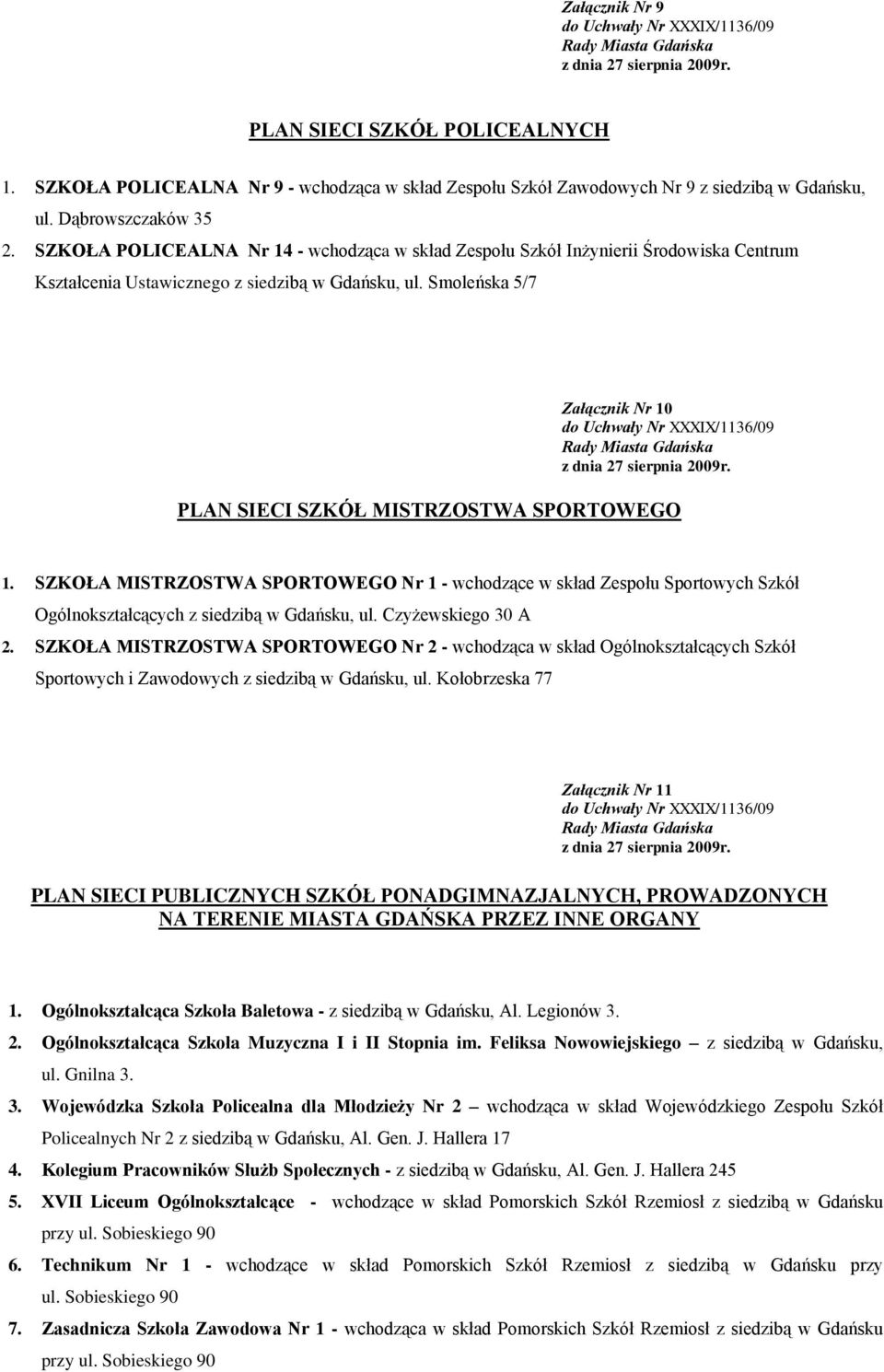 Smoleńska 5/7 Załącznik Nr 10 PLAN SIECI SZKÓŁ MISTRZOSTWA SPORTOWEGO 1. SZKOŁA MISTRZOSTWA SPORTOWEGO Nr 1 - wchodzące w skład Zespołu Sportowych Szkół Ogólnokształcących z siedzibą w Gdańsku, ul.