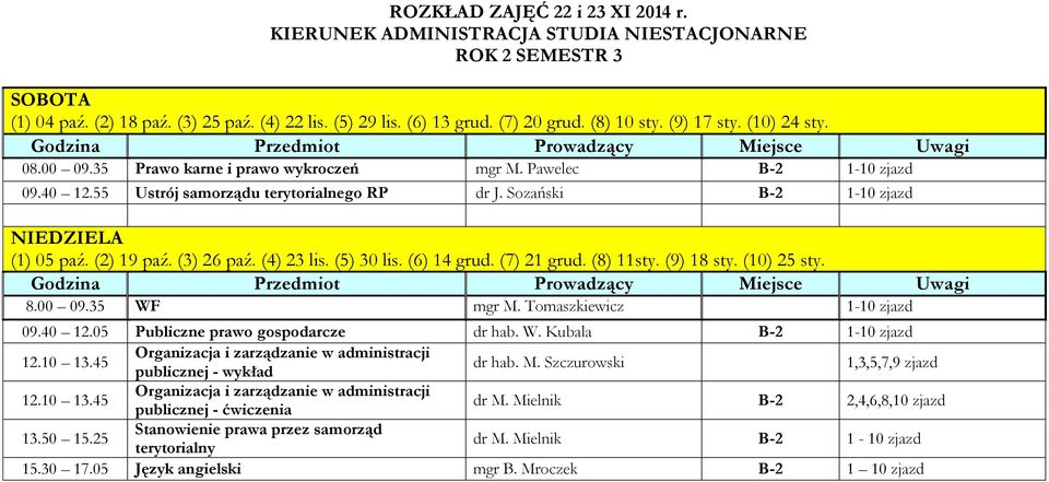 10 13.45 Organizacja i zarządzanie w administracji publicznej - wykład dr hab. M. Szczurowski 1,3,5,7,9 zjazd 12.10 13.45 Organizacja i zarządzanie w administracji publicznej - ćwiczenia dr M.