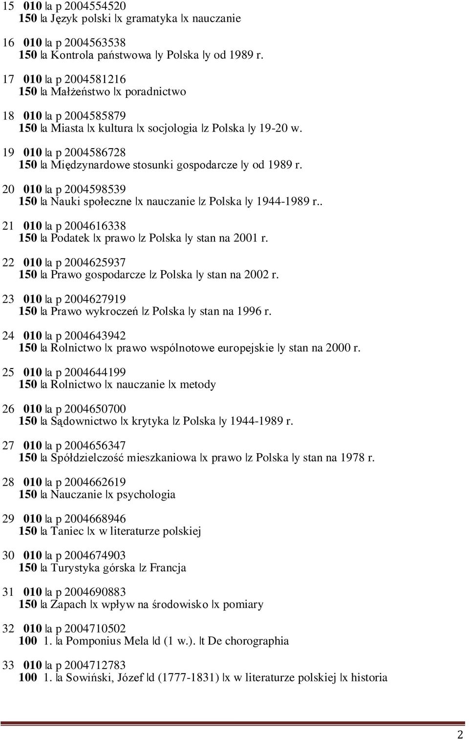 19 010 a p 2004586728 150 a Międzynardowe stosunki gospodarcze y od 1989 r. 20 010 a p 2004598539 150 a Nauki społeczne x nauczanie z Polska y 1944-1989 r.