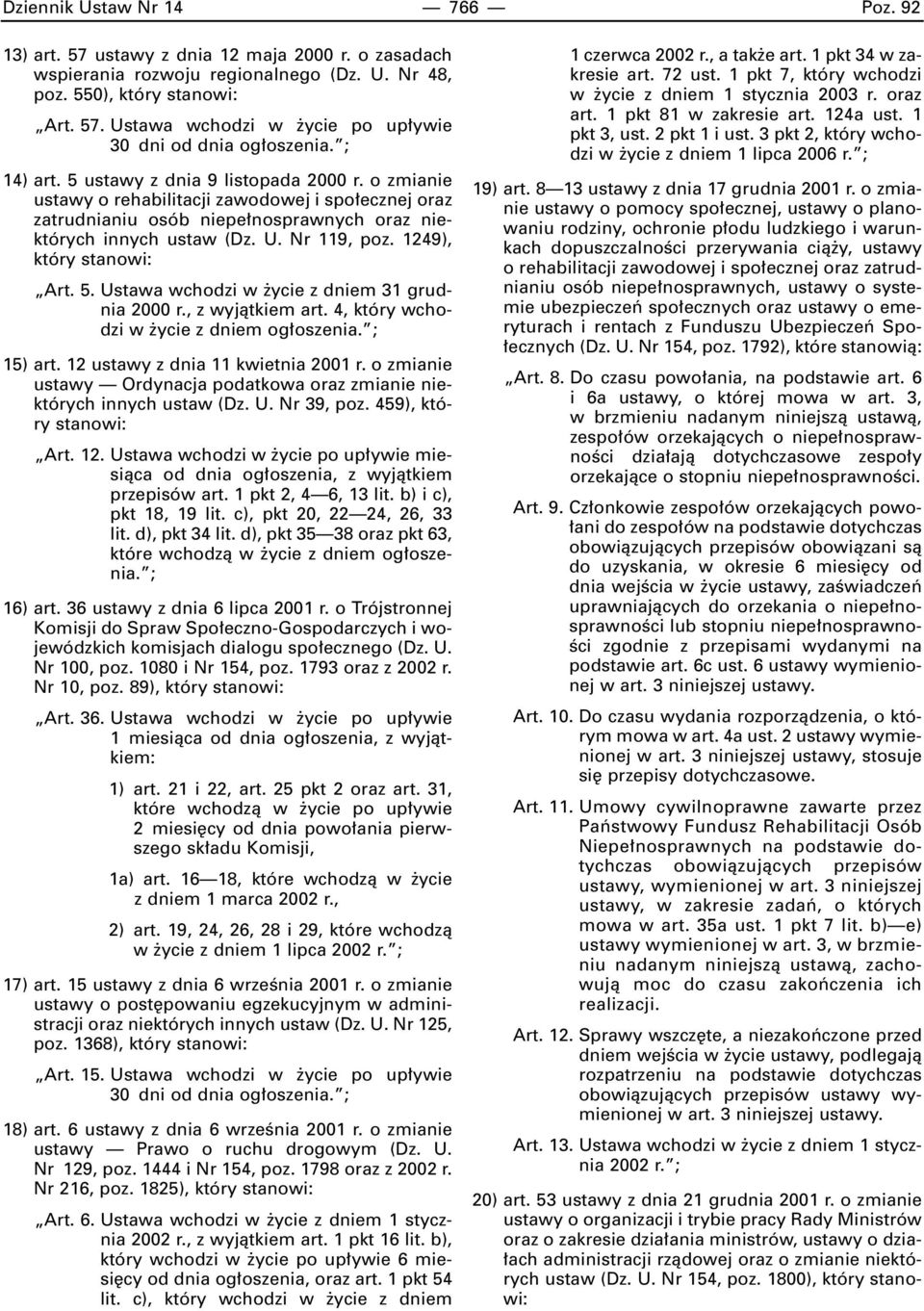 1249), który stanowi: Art. 5. Ustawa wchodzi w ycie z dniem 31 grudnia 2000 r., z wyjàtkiem art. 4, który wchodzi w ycie z dniem og oszenia. ; 15) art. 12 ustawy z dnia 11 kwietnia 2001 r.