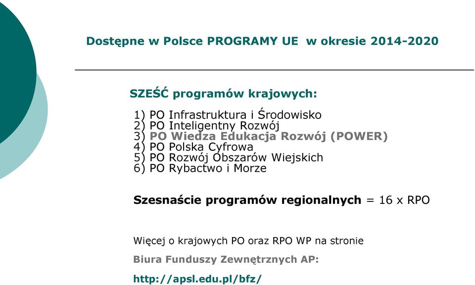 5) PO Rozwój Obszarów Wiejskich 6) PO Rybactwo i Morze Szesnaście programów regionalnych = 16 x