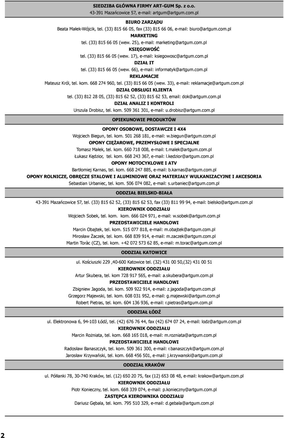 com.pl REKLAMACJE Mateusz Król, tel. kom. 668 274 960, tel. (33) 815 66 05 (wew. 33), e-mail: reklamacje@artgum.com.pl DZIAŁ OBSŁUGI KLIENTA tel.
