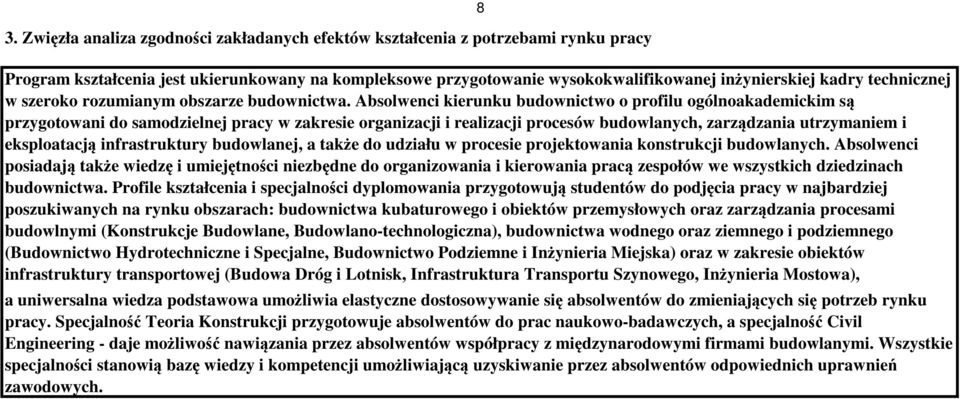 Absolwenci kierunku budownictwo o profilu ogólnoakademickim są przygotowani do samodzielnej pracy w zakresie organizacji i realizacji procesów budowlanych, zarządzania utrzymaniem i eksploatacją