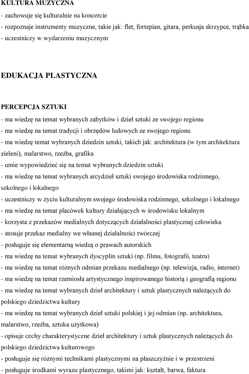 wybranych dziedzin sztuki, takich jak: architektura (w tym architektura zieleni), malarstwo, rzeźba, grafika - umie wypowiedzieć się na temat wybranych dziedzin sztuki - ma wiedzę na temat wybranych