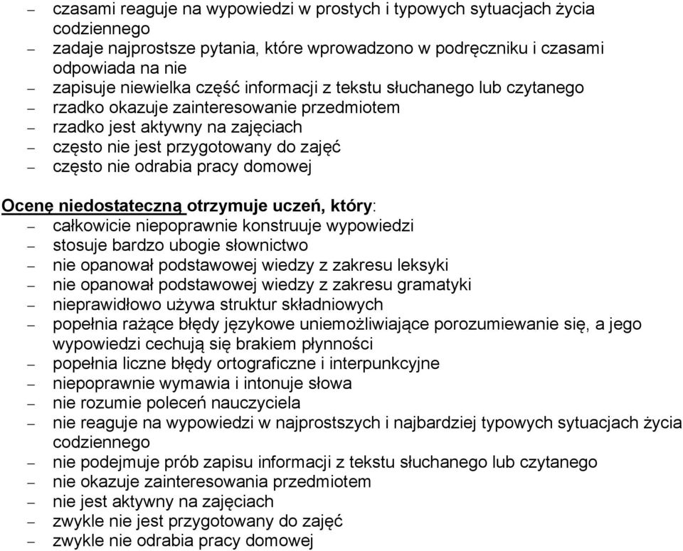 niedostateczną otrzymuje uczeń, który: całkowicie niepoprawnie konstruuje wypowiedzi stosuje bardzo ubogie słownictwo nie opanował podstawowej wiedzy z zakresu leksyki nie opanował podstawowej wiedzy