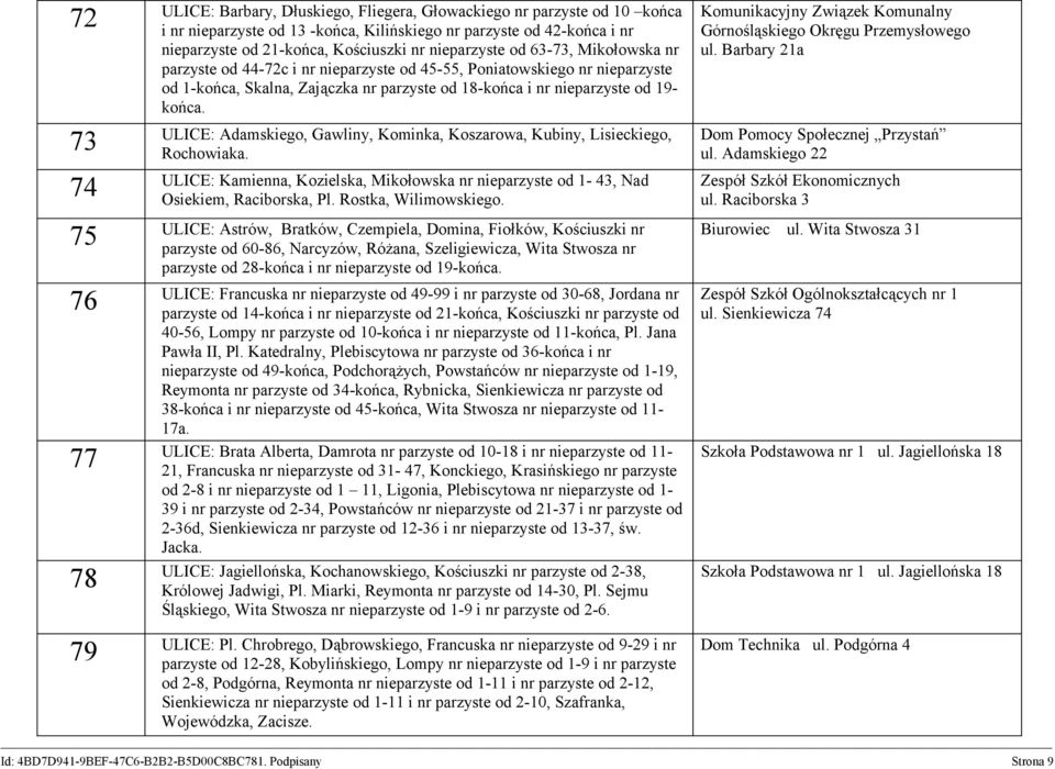 ULICE: Adamskiego, Gawliny, Kominka, Koszarowa, Kubiny, Lisieckiego, 73 Rochowiaka. ULICE: Kamienna, Kozielska, Mikołowska nr nieparzyste od 1-43, Nad 74 Osiekiem, Raciborska, Pl.