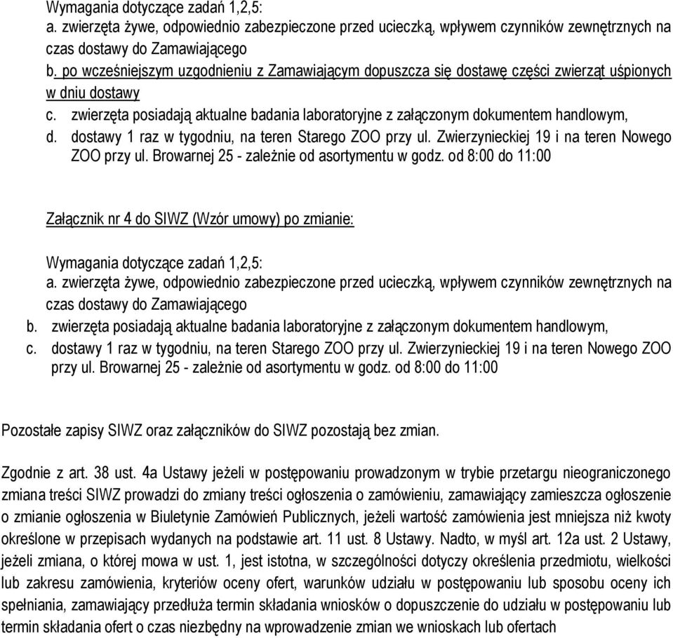 dostawy 1 raz w tygodniu, na teren Starego ZOO przy ul. Zwierzynieckiej 19 i na teren Nowego ZOO przy ul. Browarnej 25 - zależnie od asortymentu w godz.