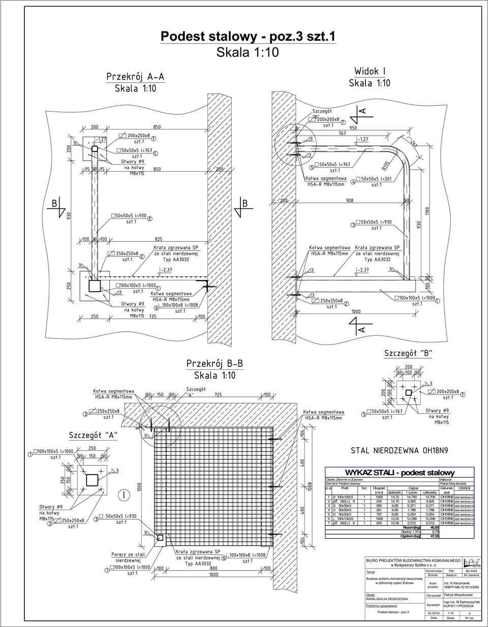 1 sztuki całkowity stali 1 100x100x5 1 1000 14,70 14,700 14,700 OH18N9 stal nierdzewna 2 250 x 8 1 250 15,70 3,925 3,925 OH18N9 stal nierdzewna 3 50x50x5 1 930 6,85