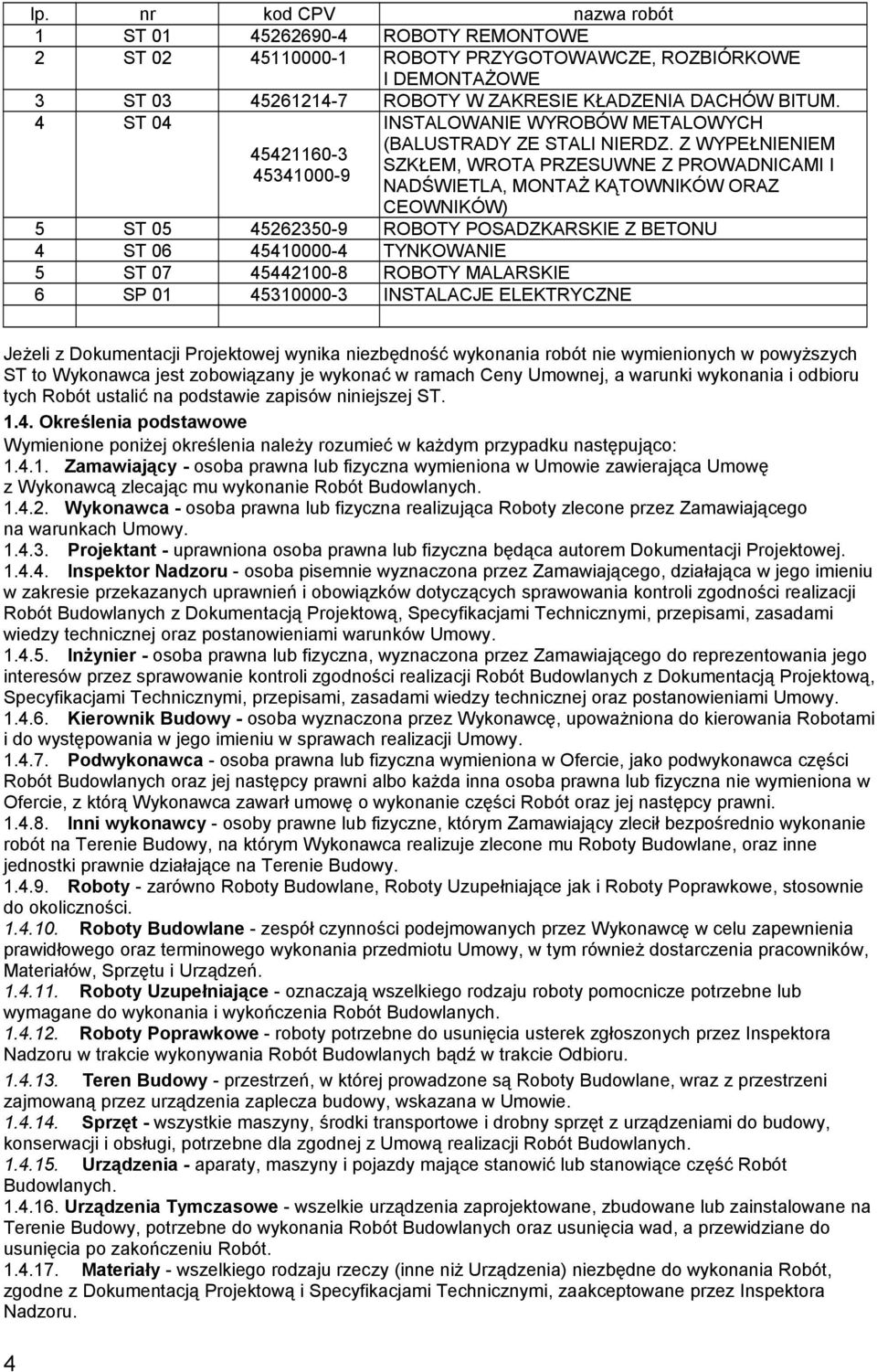 Z WYPEŁNIENIEM SZKŁEM, WROTA PRZESUWNE Z PROWADNICAMI I NADŚWIETLA, MONTAŻ KĄTOWNIKÓW ORAZ CEOWNIKÓW) 5 ST 05 45262350-9 ROBOTY POSADZKARSKIE Z BETONU 4 ST 06 45410000-4 TYNKOWANIE 5 ST 07 45442100-8