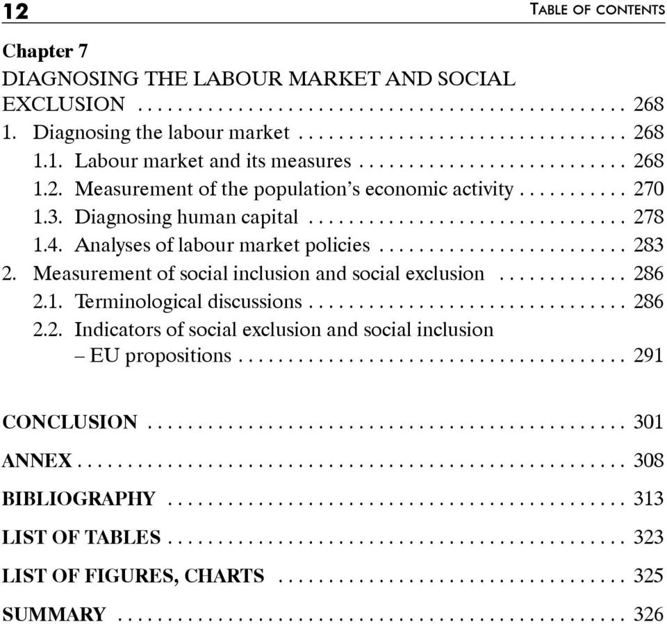 Analyses of labour market policies... 283 2. Measurement of social inclusion and social exclusion... 286 2.1. Terminological discussions.... 286 2.2. Indicators of social exclusion and social inclusion EU propositions.