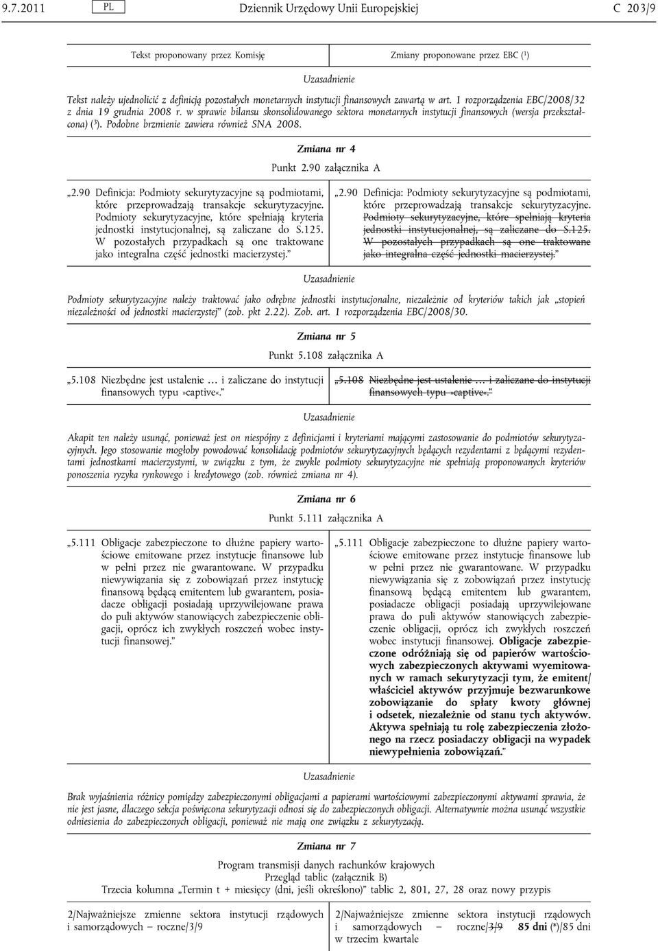 Podobne brzmienie zawiera również SNA 2008. Zmiana nr 4 Punkt 2.90 załącznika A 2.90 Definicja: Podmioty sekurytyzacyjne są podmiotami, które przeprowadzają transakcje sekurytyzacyjne.