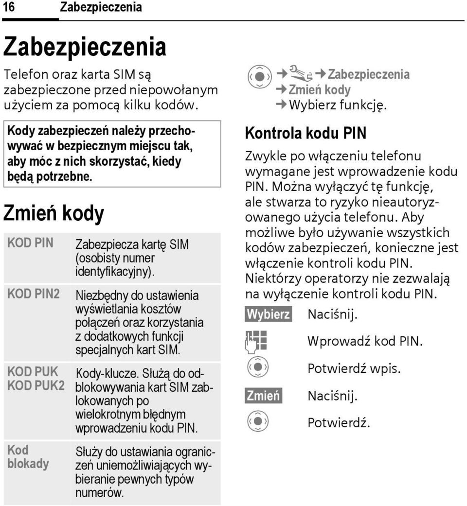 Zmień kody KOD PN KOD PN2 KOD PUK KOD PUK2 Kod blokady Zabezpiecza kartę SM (osobisty numer identyfikacyjny).