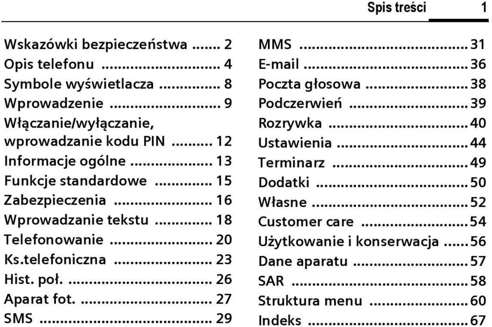 .. 18 Telefonowanie... 20 Ks.telefoniczna... 23 Hist. poł.... 26 Aparat fot.... 27 SMS... 29 MMS... 31 E-mail...36 Poczta głosowa... 38 Podczerwień.
