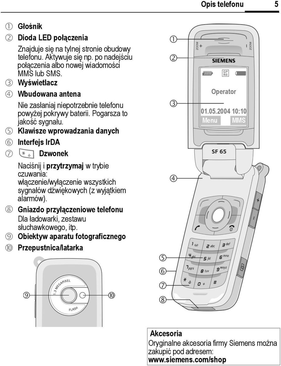 5 Klawisze wprowadzania danych 6 nterfejs rda 7 * Dzwonek Naciśnij i przytrzymaj w trybie czuwania: włączenie/wyłączenie wszystkich sygnałów dźwiękowych (z wyjątkiem alarmów).