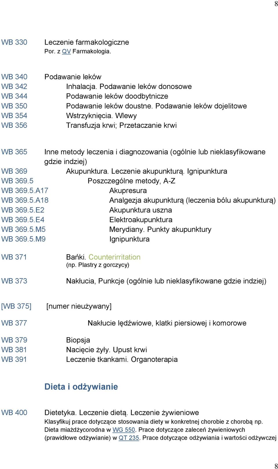 Wlewy Transfuzja krwi; Przetaczanie krwi WB 365 Inne metody leczenia i diagnozowania (ogólnie lub nieklasyfikowane gdzie indziej) WB 369 Akupunktura. Leczenie akupunkturą. Ignipunktura WB 369.