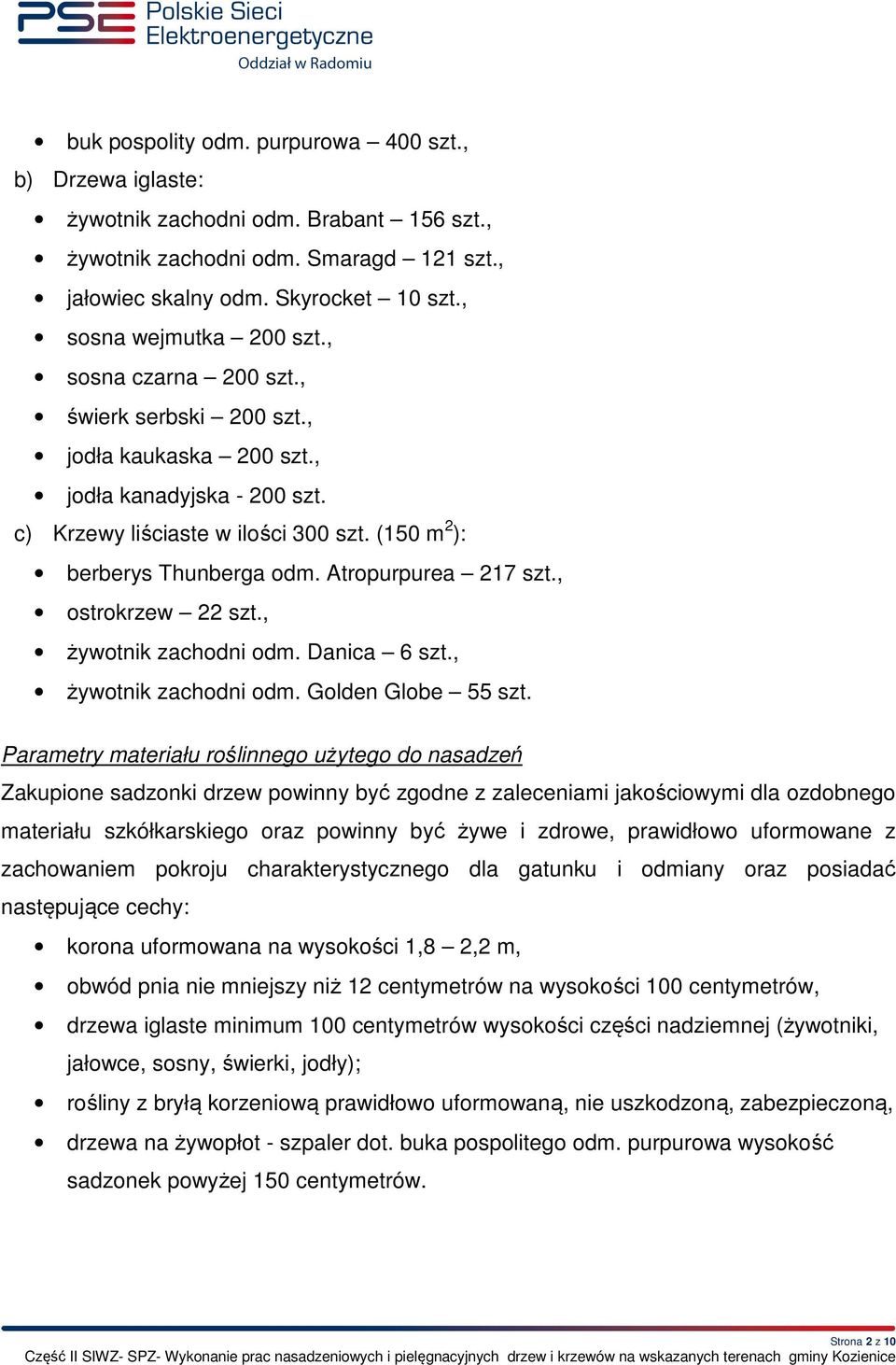 (150 m 2 ): berberys Thunberga odm. Atropurpurea 217 szt., ostrokrzew 22 szt., żywotnik zachodni odm. Danica 6 szt., żywotnik zachodni odm. Golden Globe 55 szt.