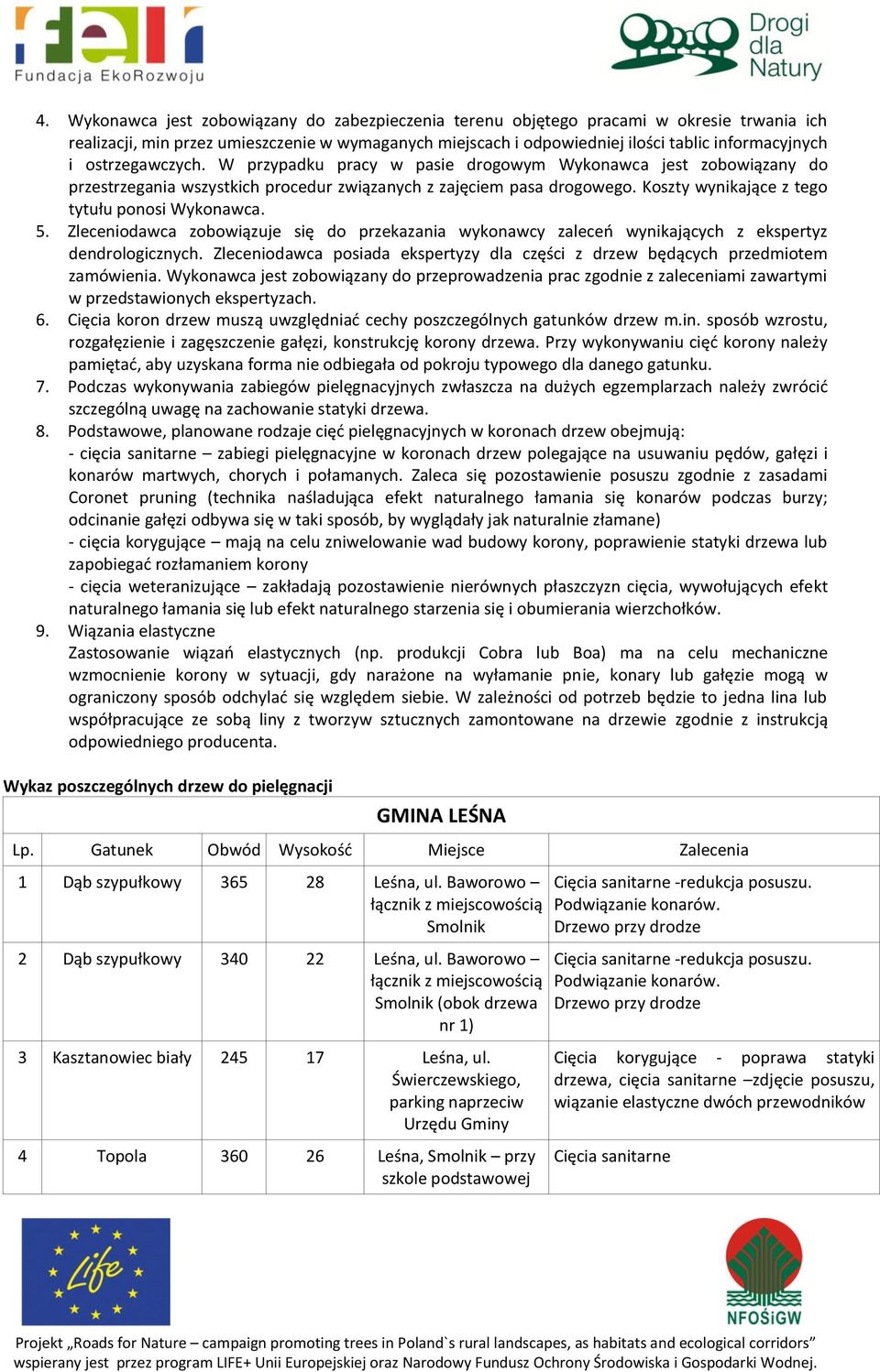 Koszty wynikające z tego tytułu ponosi Wykonawca. 5. Zleceniodawca zobowiązuje się do przekazania wykonawcy zaleceń wynikających z ekspertyz dendrologicznych.