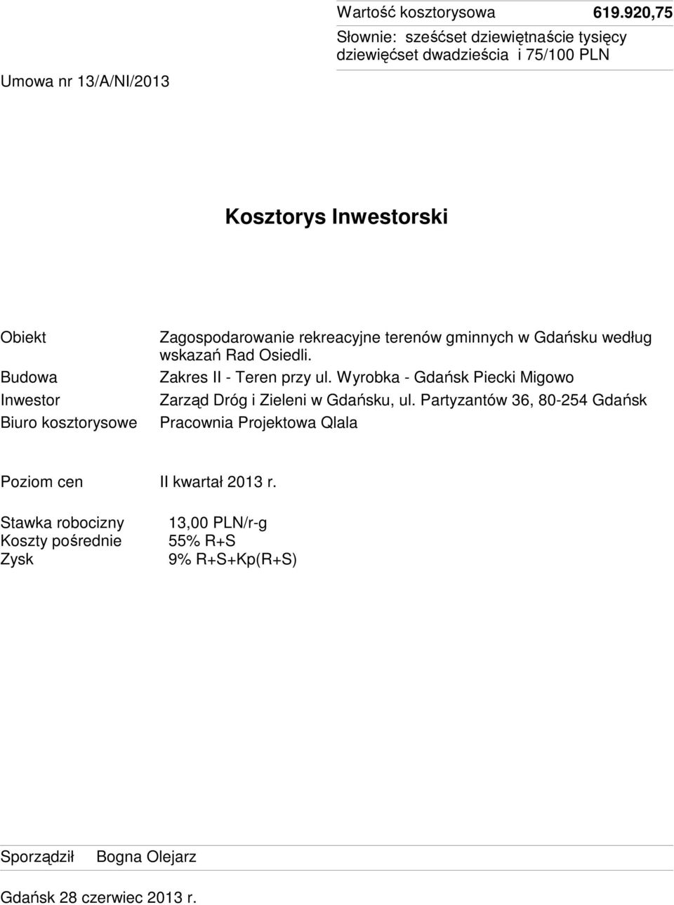 kosztorysowe Zgospodrownie rekrecyjne terenów gminnych w Gdńsku według wskzń Rd Osiedli. Zkres II - Teren przy ul.