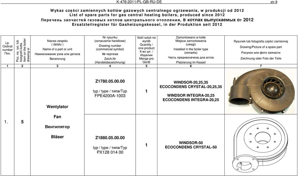 центрального отопления, B котлах выпускаемых oт 202 Ersatzteilregister für Gasheizungskessel, in der Produktion seit 202 Nazwa zespołu Nr rysunku (oznaczenie handlowe) Ilość sztuk na wyrób