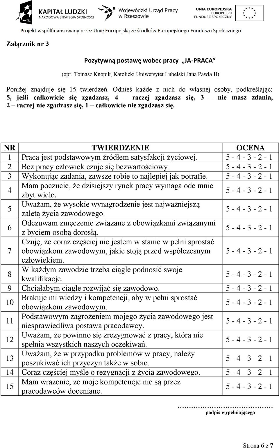 NR TWIERDZENIE OCENA 1 Praca jest podstawowym źródłem satysfakcji życiowej. 2 Bez pracy człowiek czuje się bezwartościowy. 3 Wykonując zadania, zawsze robię to najlepiej jak potrafię.