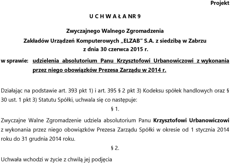 Zwyczajne Walne Zgromadzenie udziela absolutorium Panu Krzysztofowi Urbanowiczowi z wykonania