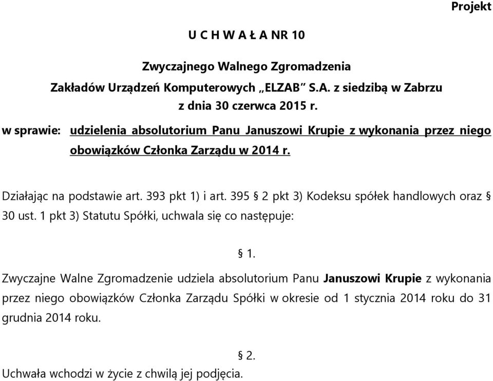 Zwyczajne Walne Zgromadzenie udziela absolutorium Panu Januszowi Krupie z