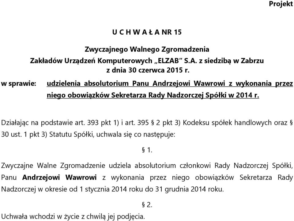 Zwyczajne Walne Zgromadzenie udziela absolutorium członkowi Rady Nadzorczej Spółki, Panu