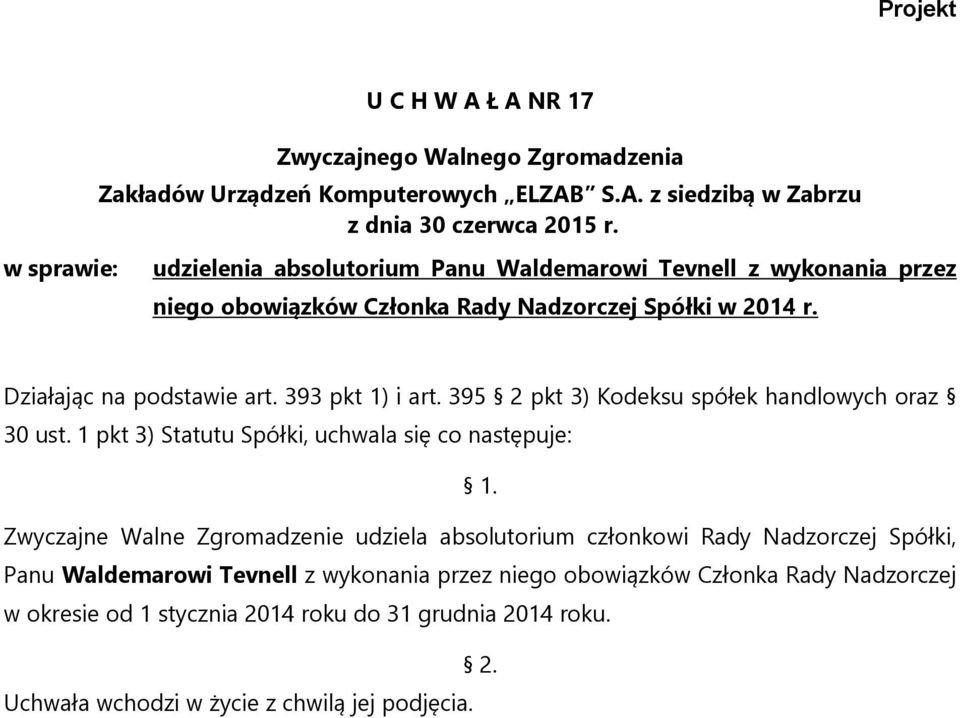 Zwyczajne Walne Zgromadzenie udziela absolutorium członkowi Rady Nadzorczej Spółki, Panu