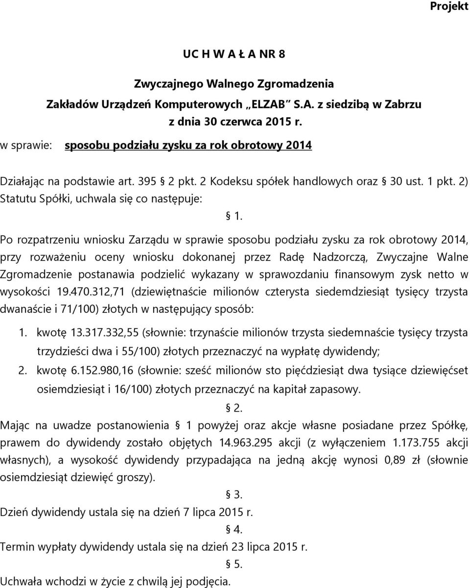 Zwyczajne Walne Zgromadzenie postanawia podzielić wykazany w sprawozdaniu finansowym zysk netto w wysokości 19.470.