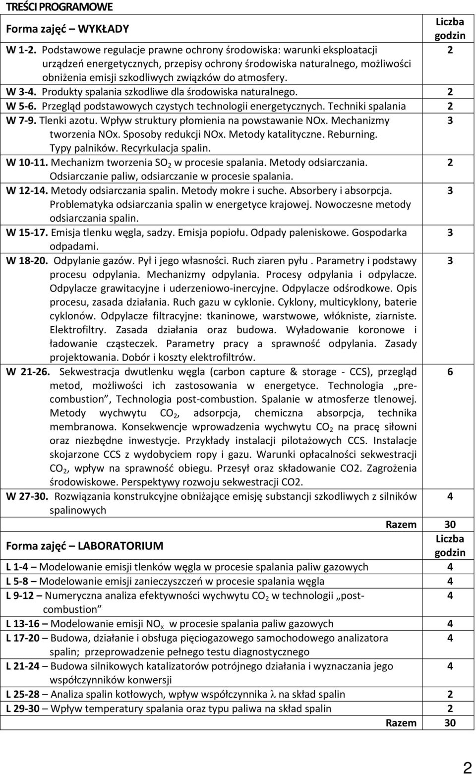 Liczba godzin 2 W 3-4. Produkty spalania szkodliwe dla środowiska naturalnego. 2 W 5-6. Przegląd podstawowych czystych energetycznych. Techniki spalania 2 W 7-9. Tlenki azotu.