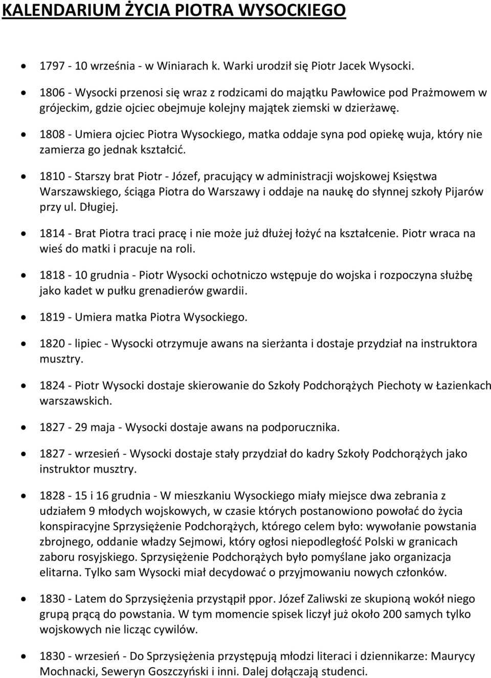 1808 - Umiera ojciec Piotra Wysockiego, matka oddaje syna pod opiekę wuja, który nie zamierza go jednak kształcić.