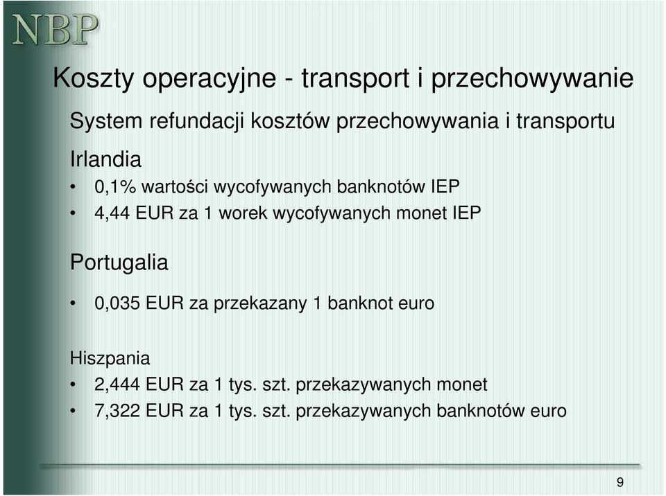 wycofywanych monet IEP Portugalia 0,035 EUR za przekazany 1 banknot euro Hiszpania 2,444