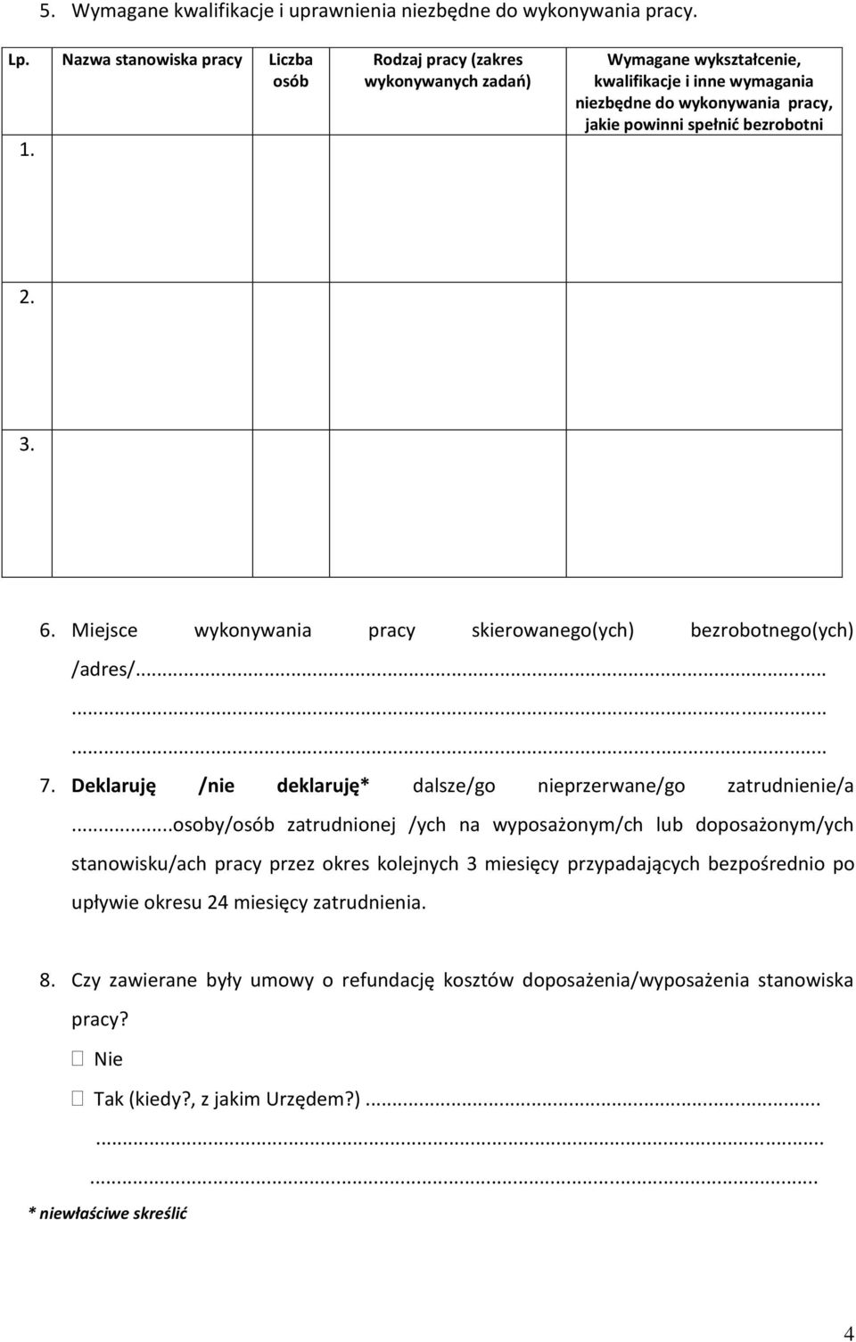 Miejsce wykonywania pracy skierowanego(ych) bezrobotnego(ych) /adres/......... 7. Deklaruję /nie deklaruję* dalsze/go nieprzerwane/go zatrudnienie/a.