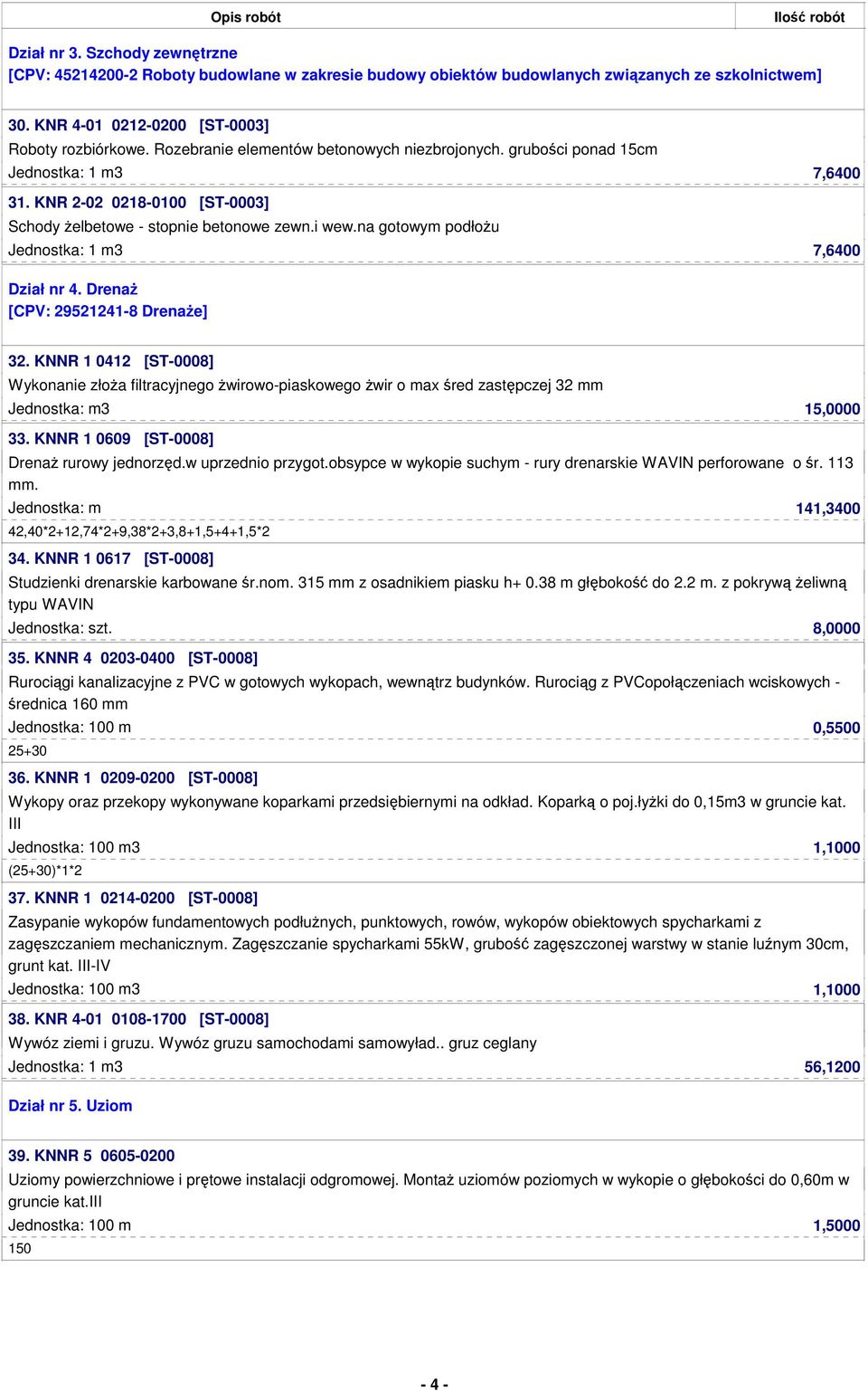 na gotowym podłou Jednostka: 1 m3 7,6400 Dział nr 4. Drena [CPV: 29521241-8 Drenae] 32.