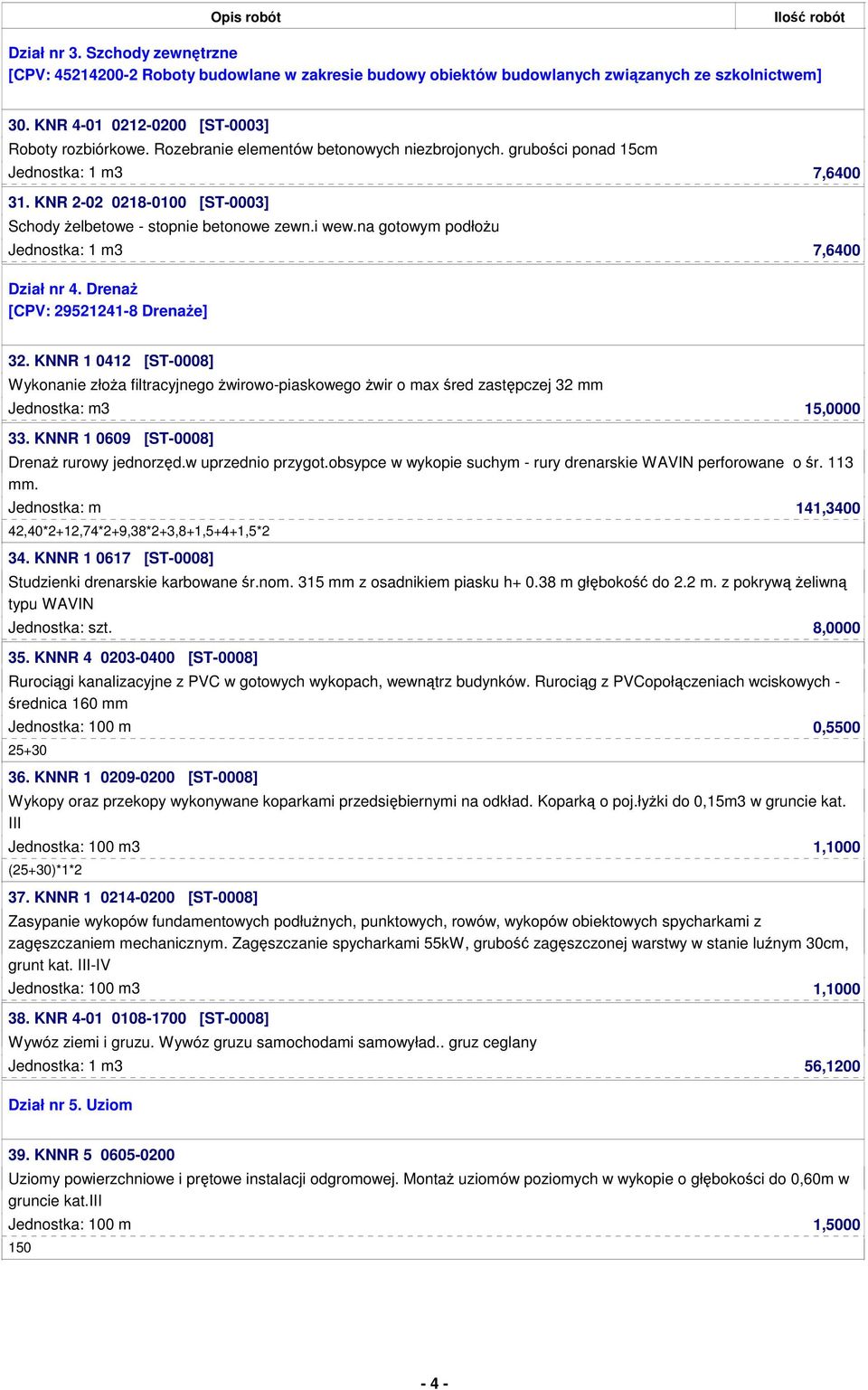 na gotowym podłou Jednostka: 1 m3 7,6400 Dział nr 4. Drena [CPV: 29521241-8 Drenae] 32.