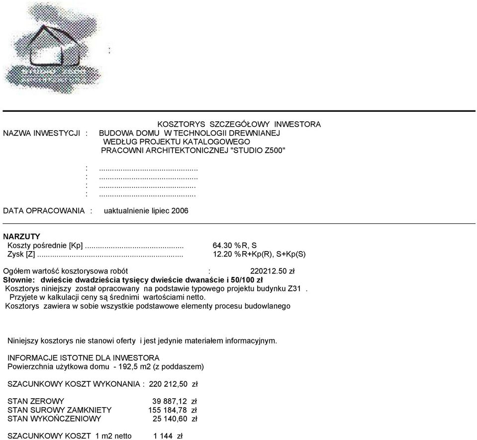50 zł Słownie: dwieście dwadzieścia tysięcy dwieście dwanaście i 50/100 zł Kosztorys niniejszy został opracowany na podstawie typowego projektu budynku Z31.