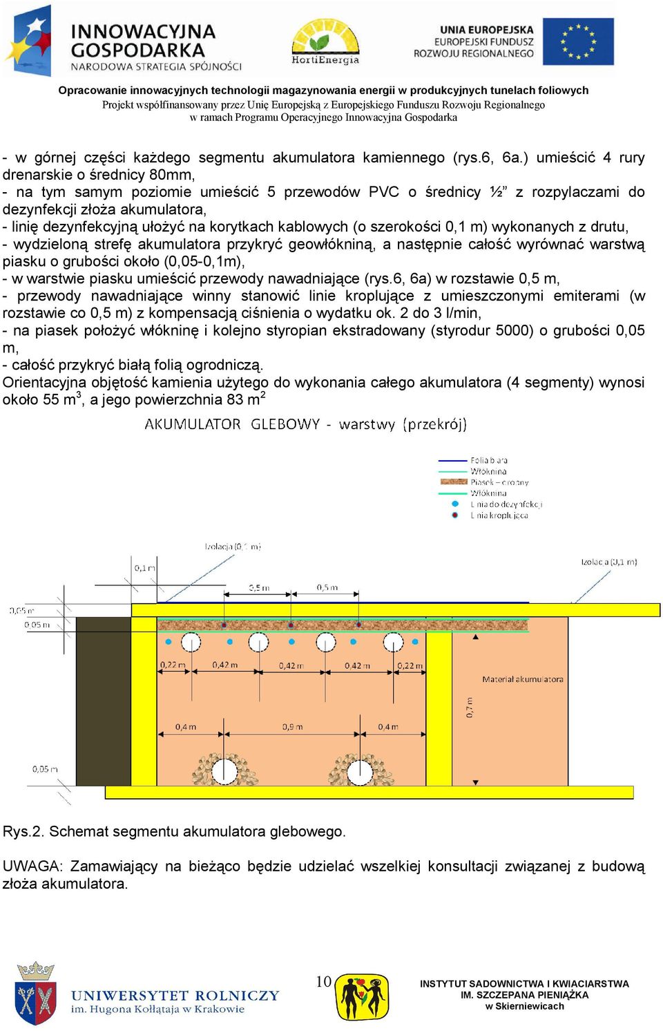 kablowych (o szerokości 0,1 m) wykonanych z drutu, - wydzieloną strefę akumulatora przykryć geowłókniną, a następnie całość wyrównać warstwą piasku o grubości około (0,05-0,1m), - w warstwie piasku