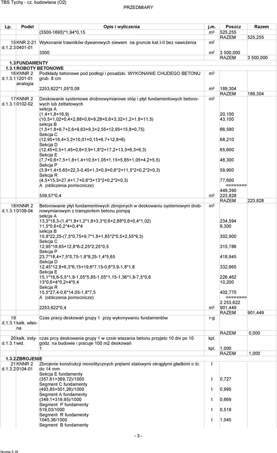 8 cm 2253,622*1,05*0,08 m 3 189,304 RAZEM 189,304 Deskowanie systemowe drobnowymiarowe stóp i płyt fundamentowych betonowych lub żelbetowych sekcja A (1,4+1,8+16,9) 20,100