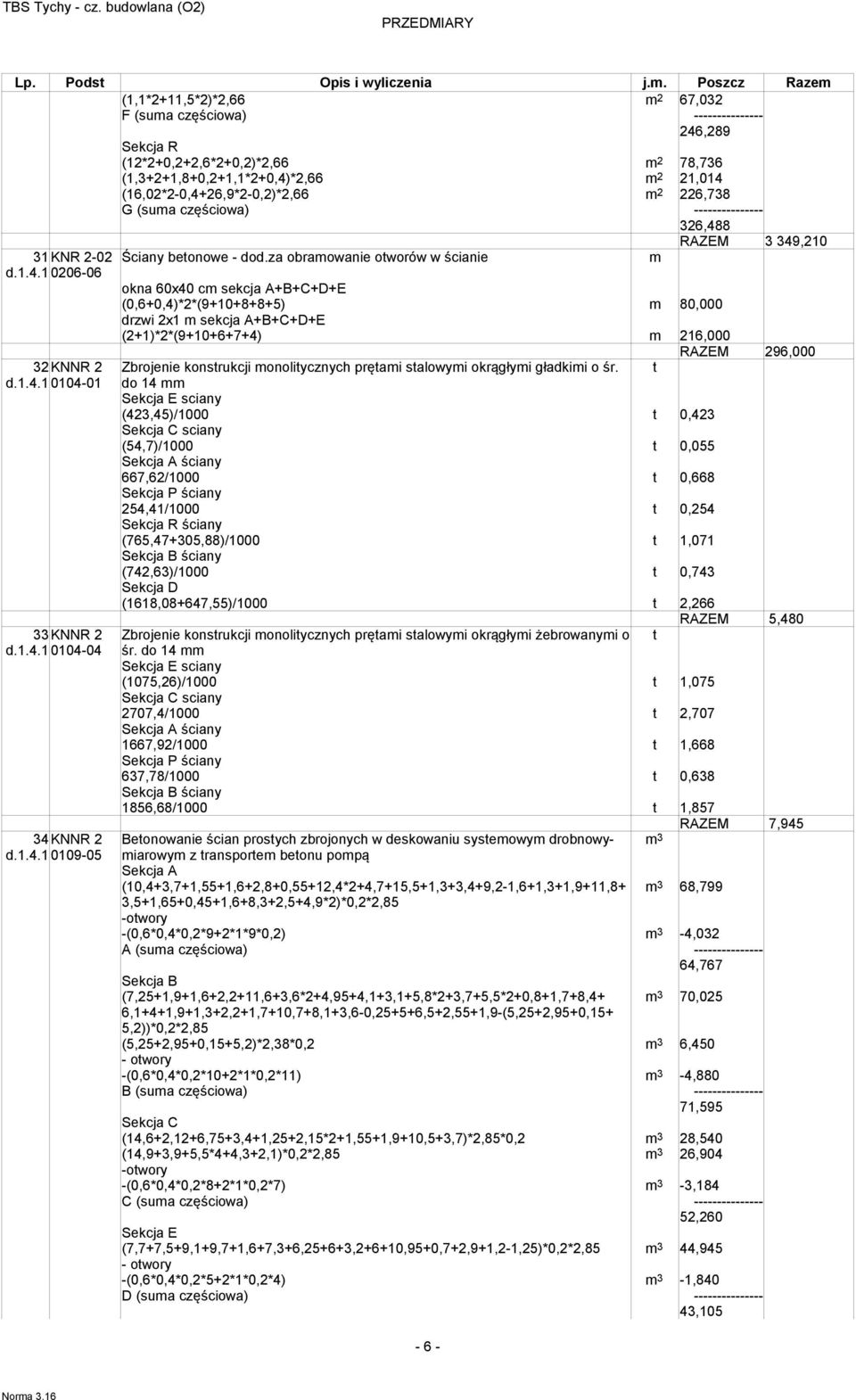 226,738 G (suma częściowa) --------------- 326,488 RAZEM 3 349,210 31KNR 2-02 Ściany betonowe - dod.za obramowanie otworów w ścianie m d.1.4.1 0206-06 32 KNNR 2 d.1.4.1 0104-01 33 KNNR 2 d.1.4.1 0104-04 34 KNNR 2 d.