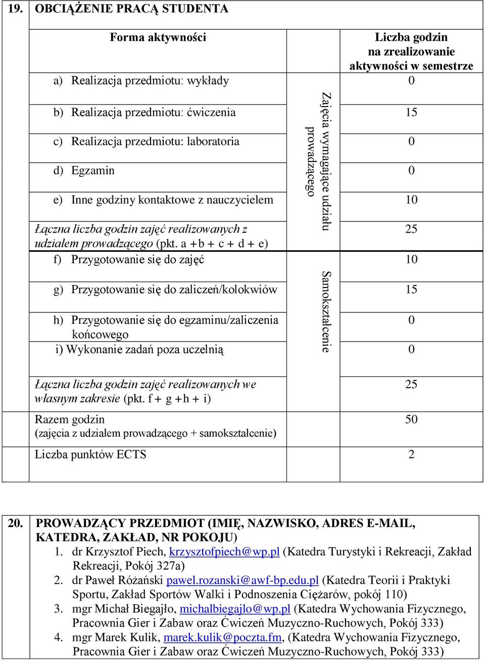 0 d) Egzamin 0 e) Inne godziny kontaktowe z nauczycielem 10 Łączna liczba godzin zajęć realizowanych z udziałem prowadzącego (pkt.