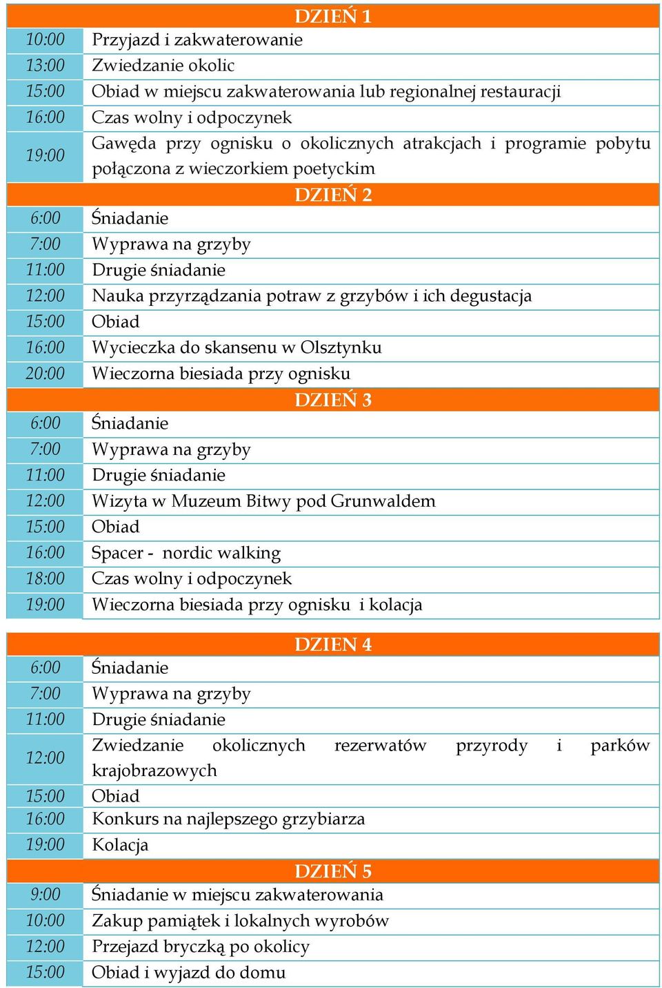 ognisku DZIEŃ 3 12:00 Wizyta w Muzeum Bitwy pod Grunwaldem 16:00 Spacer - nordic walking 18:00 Czas wolny i odpoczynek 19:00 Wieczorna biesiada przy ognisku i kolacja 12:00 DZIEN 4 Zwiedzanie