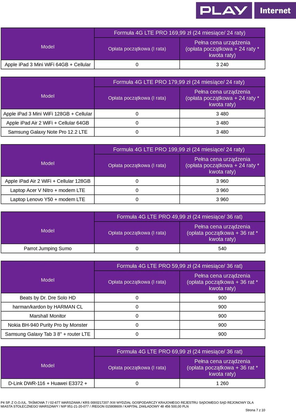 2 LTE 0 3 480 Formuła 4G LTE PRO 199,99 zł (24 miesiące/ 24 raty) Apple ipad Air 2 WiFi + Cellular 128GB 0 3 960 Laptop Acer V Nitro + modem LTE 0 3 960 Laptop Lenovo Y50 + modem LTE 0 3 960 Formuła