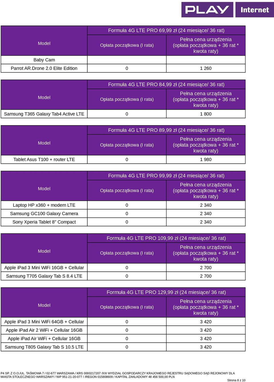 1 980 Formuła 4G LTE PRO 99,99 zł (24 miesiące/ 36 rat) Laptop HP x360 + modem LTE 0 2 340 Samsung GC100 Galaxy Camera 0 2 340 Sony Xperia Tablet 8" Compact 0 2 340 Formuła 4G LTE PRO 109,99 zł (24