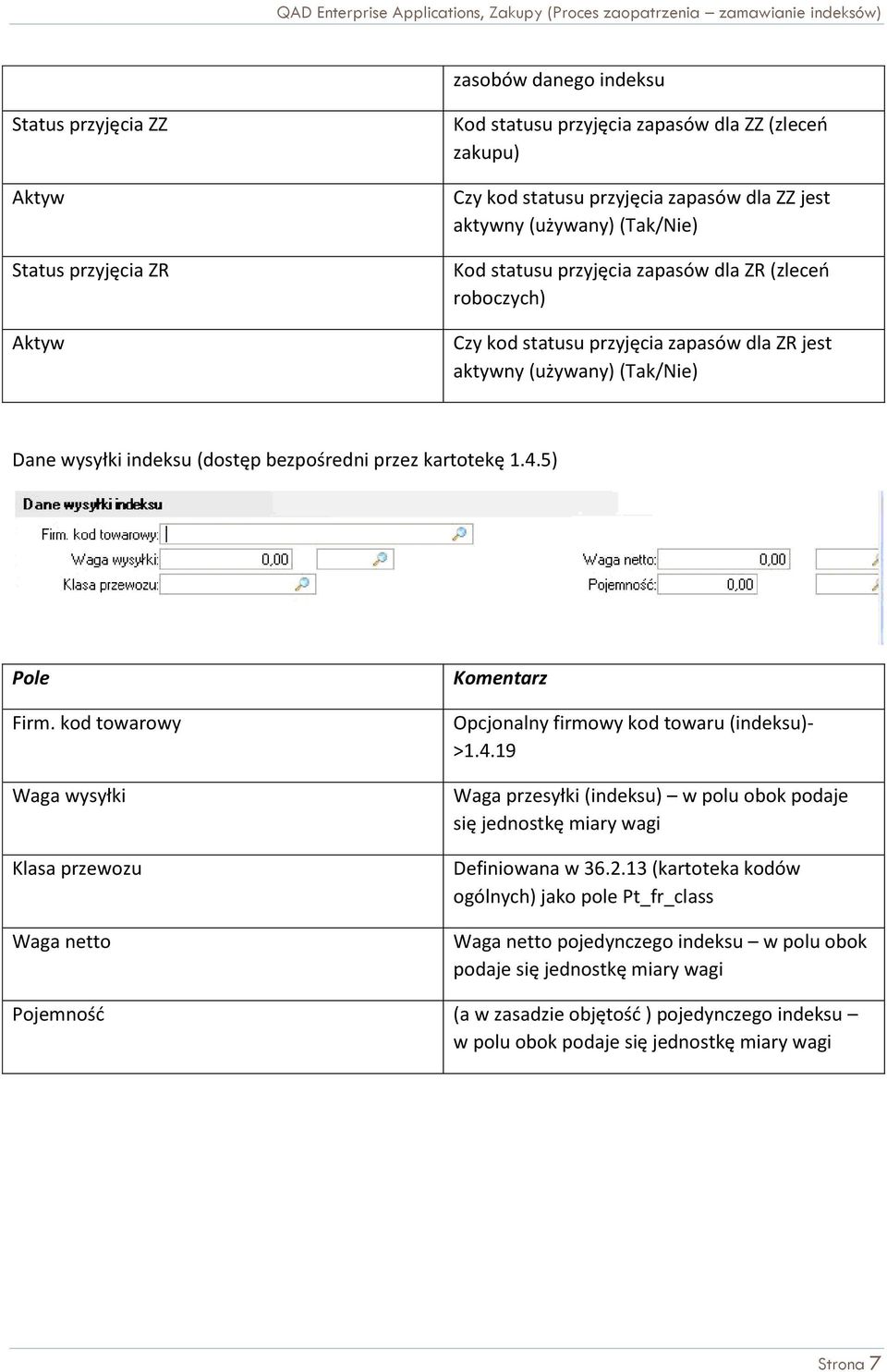 4.5) Firm. kod towarowy Waga wysyłki Klasa przewozu Waga netto Opcjonalny firmowy kod towaru (indeksu)- >1.4.19 Waga przesyłki (indeksu) w polu obok podaje się jednostkę miary wagi Definiowana w 36.2.
