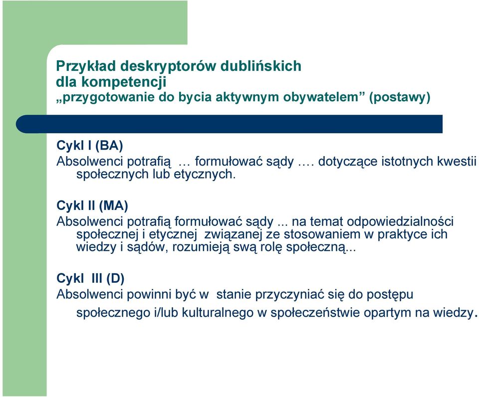 .. na temat odpowiedzialności społecznej i etycznej związanej ze stosowaniem w praktyce ich wiedzy i sądów, rozumieją swą rolę