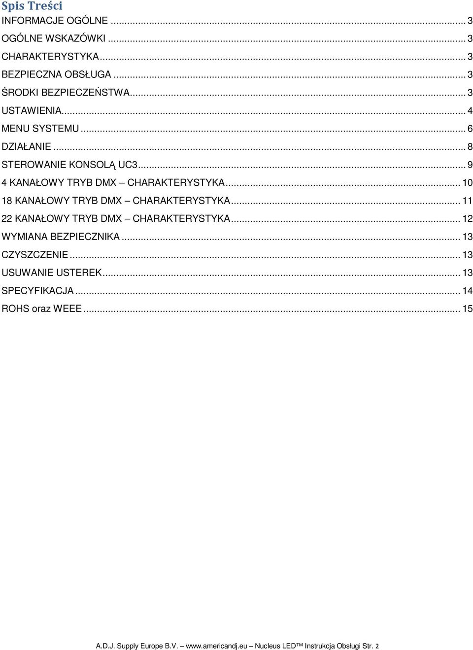 .. 10 18 KANAŁOWY TRYB DMX CHARAKTERYSTYKA... 11 22 KANAŁOWY TRYB DMX CHARAKTERYSTYKA... 12 WYMIANA BEZPIECZNIKA... 13 CZYSZCZENIE.
